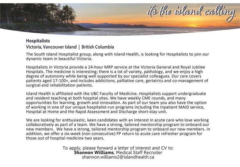Display ad for Island Health advertising for Hospitalists. Email Shannon Williams at shannon.williams2@islandhealth.ca